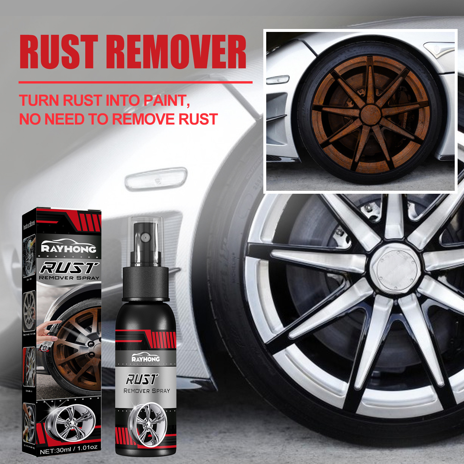 Rust remover spray shown beside a rusty car wheel