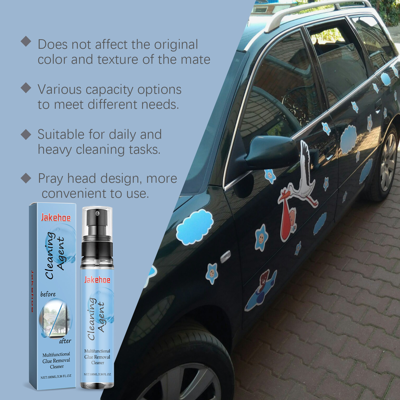 Glue remover ready beside a marked car exterior