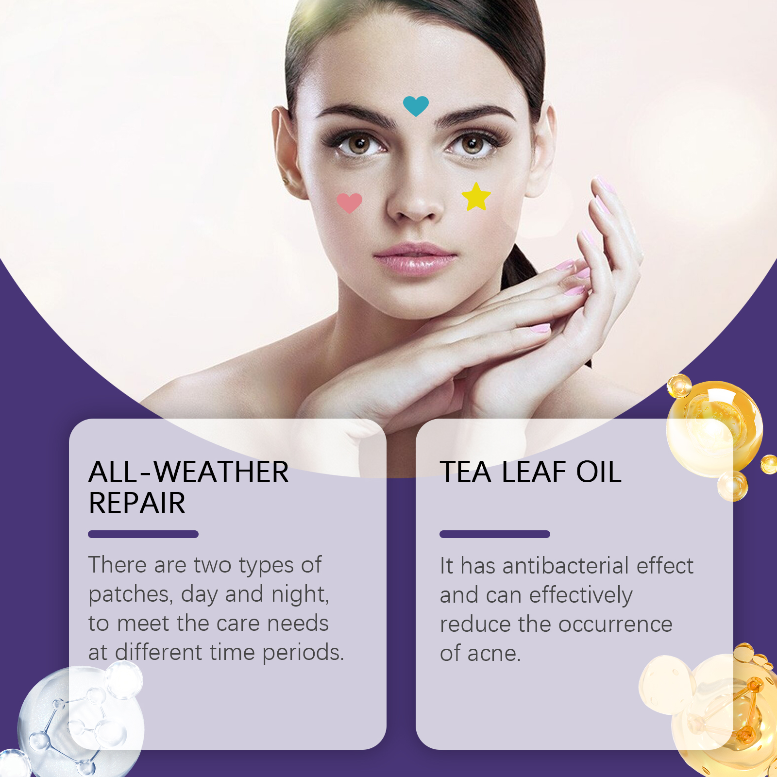 Decorative acne patches positioned for day and night use