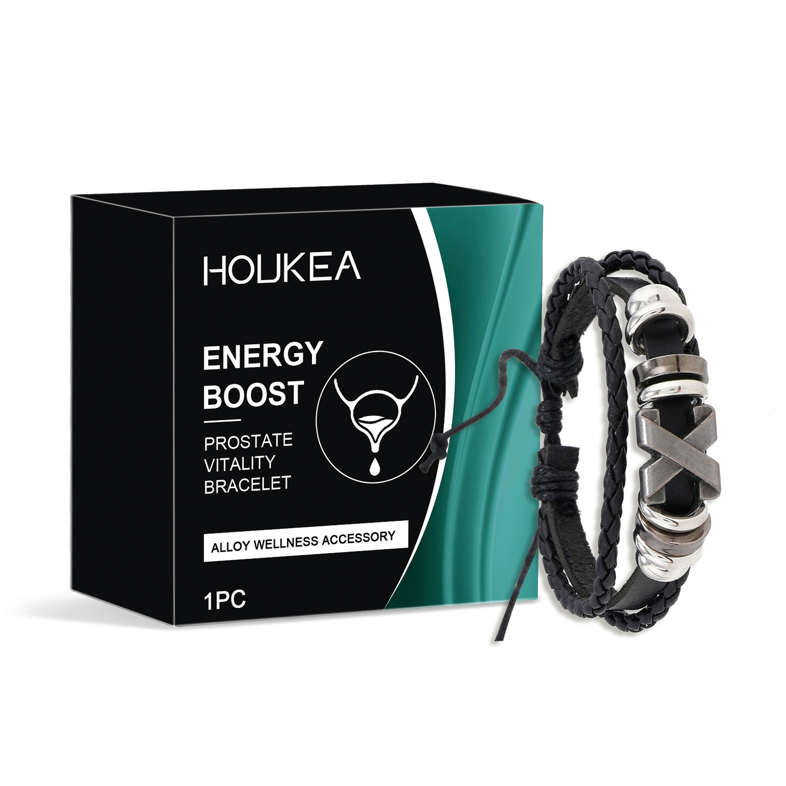 Black braided men's bracelet with silver centerpiece