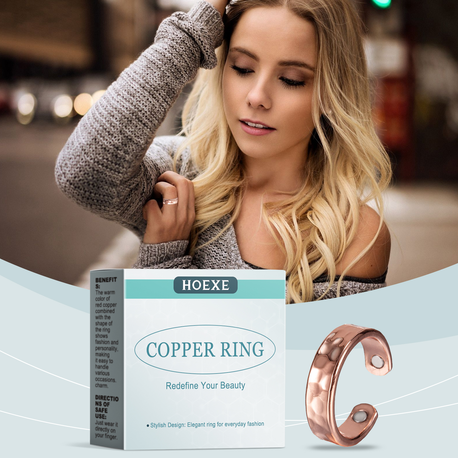 Rose-copper ring worn naturally on hand