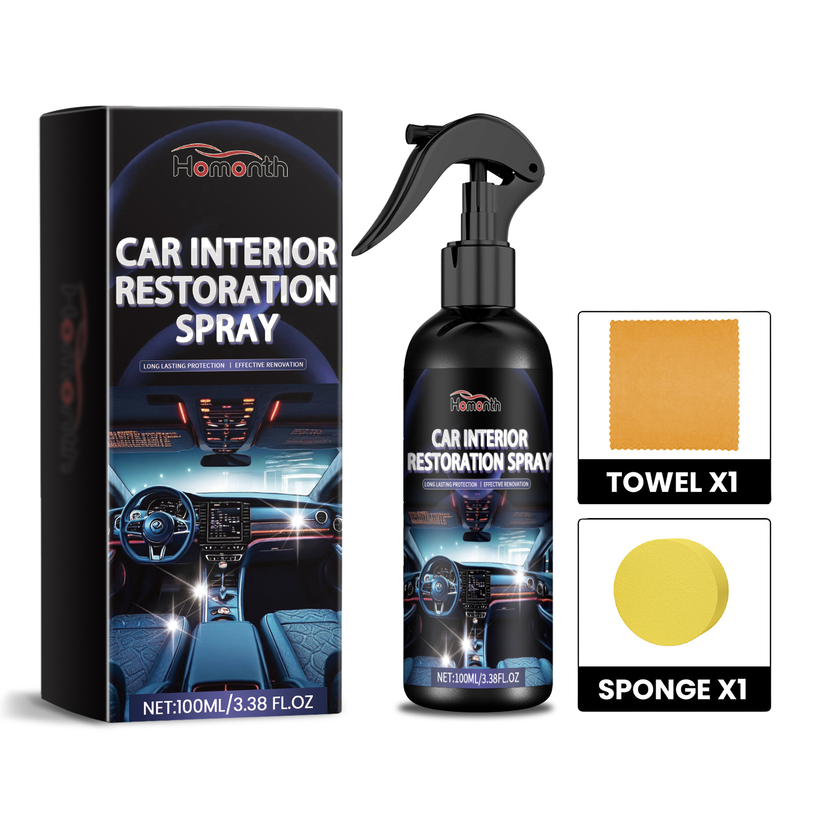 Spray towel sponge and box arranged as mini kit