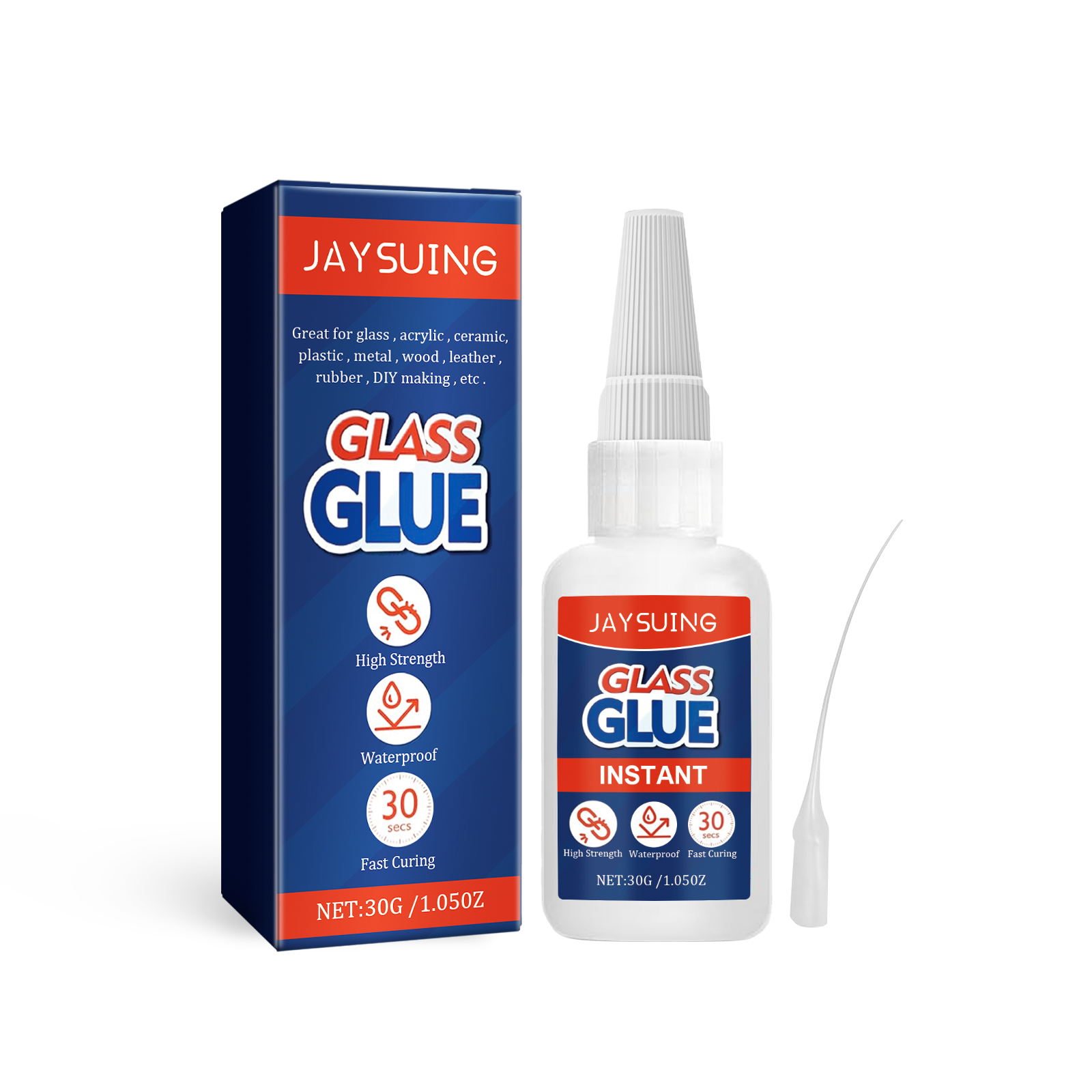 Glass glue packaging with fast curing performance claims