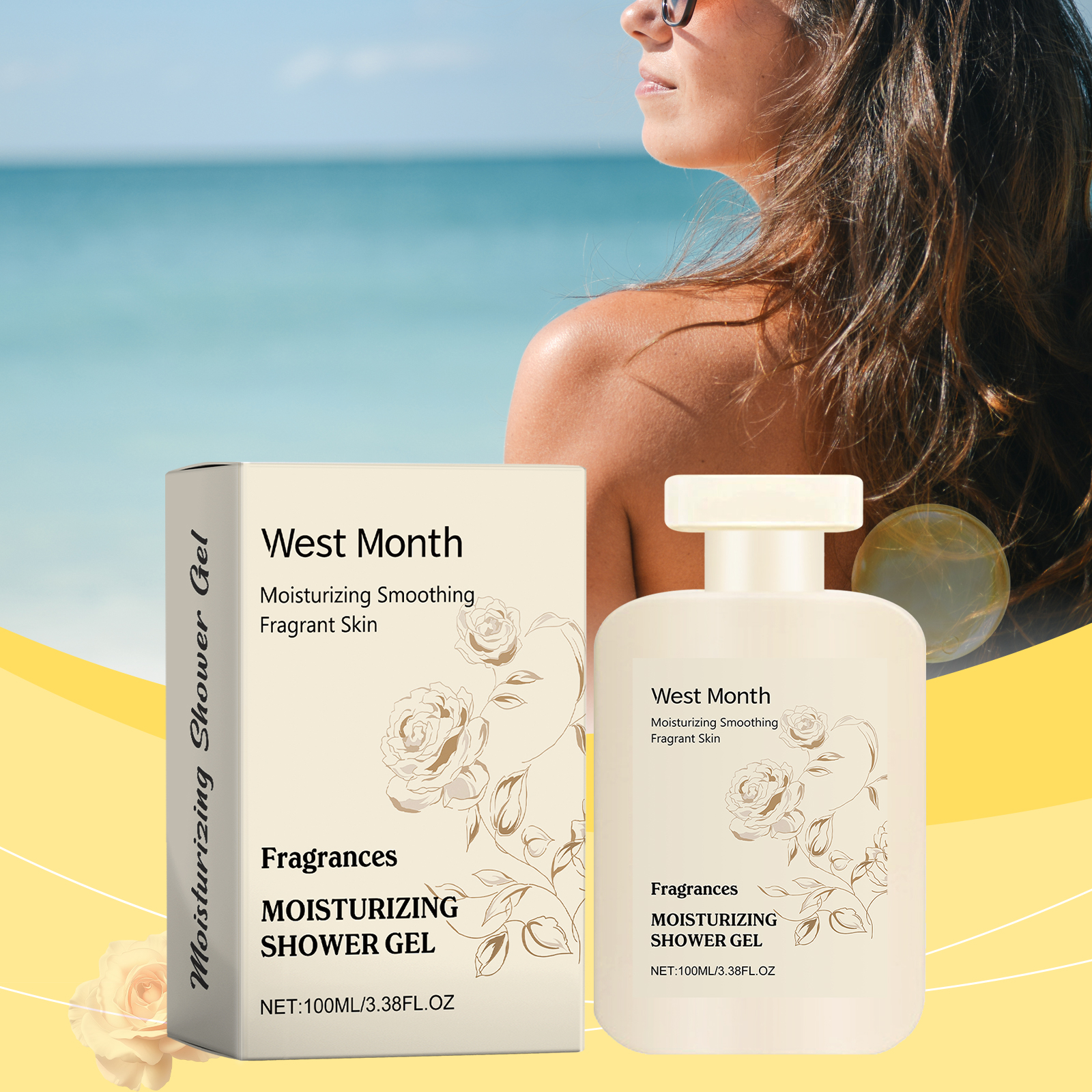 Travel-size shower gel bottle and carton outdoors