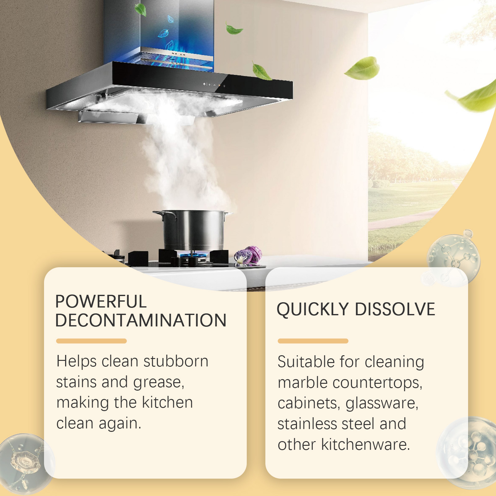 Kitchen range hood and surfaces shown with foam cleaner claims