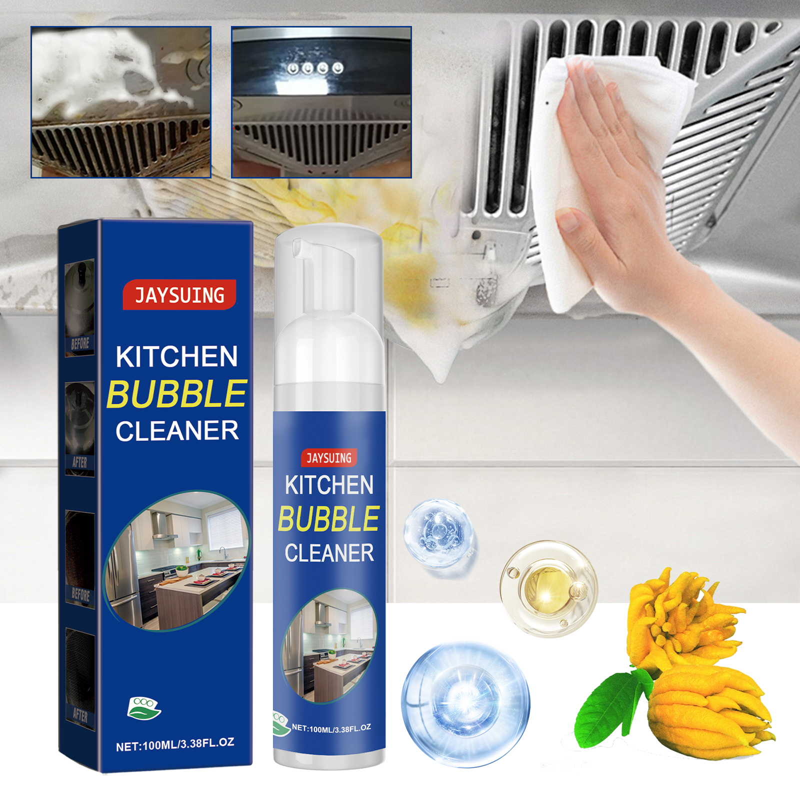 Kitchen cleaner beside greasy stove surface