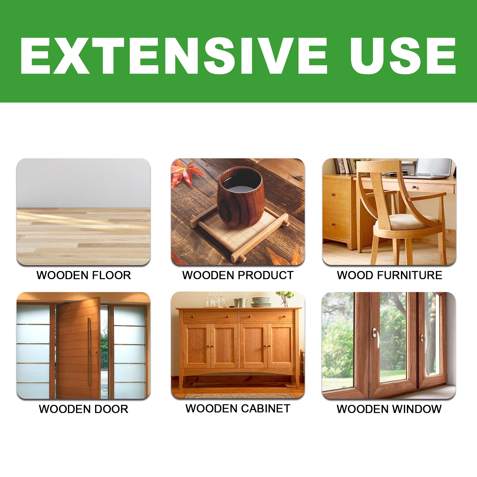 Wood care product shown with cabinets and doors