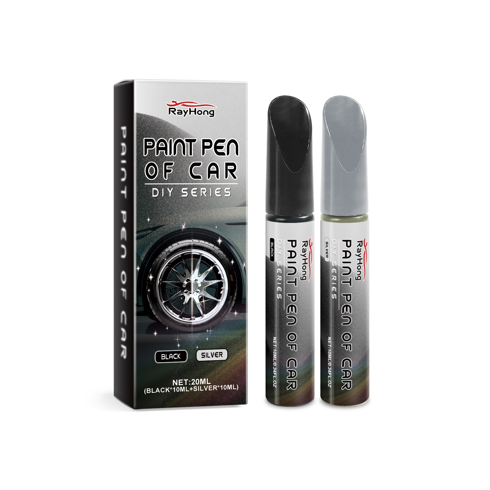 Black and silver pens beside compact automotive packaging