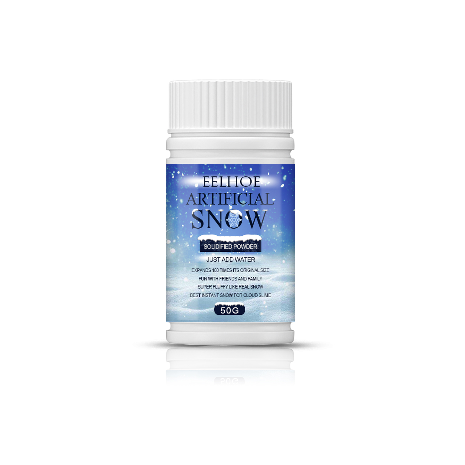 Compact 50 g artificial snow container front view