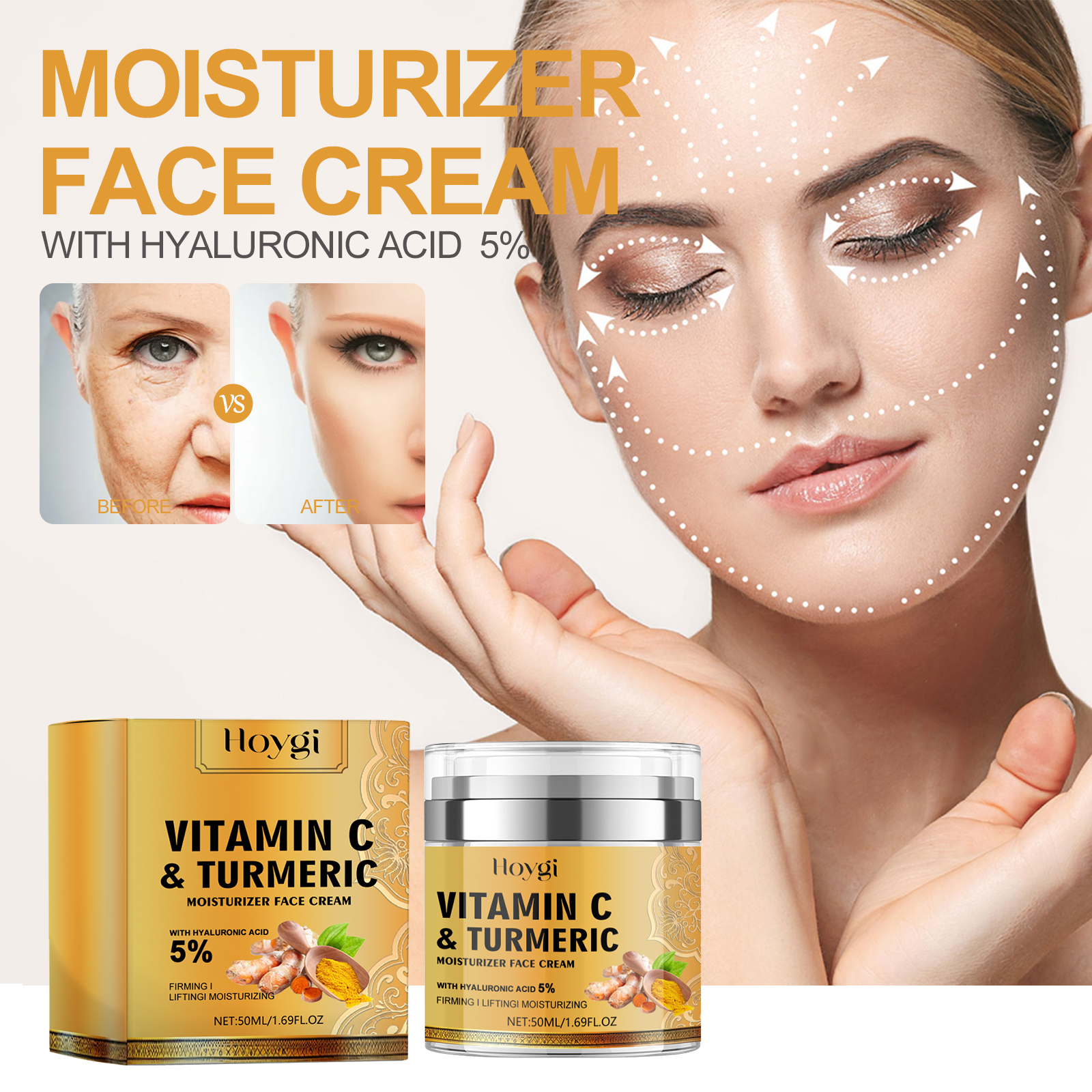 Face cream jar with Vitamin C turmeric skincare imagery