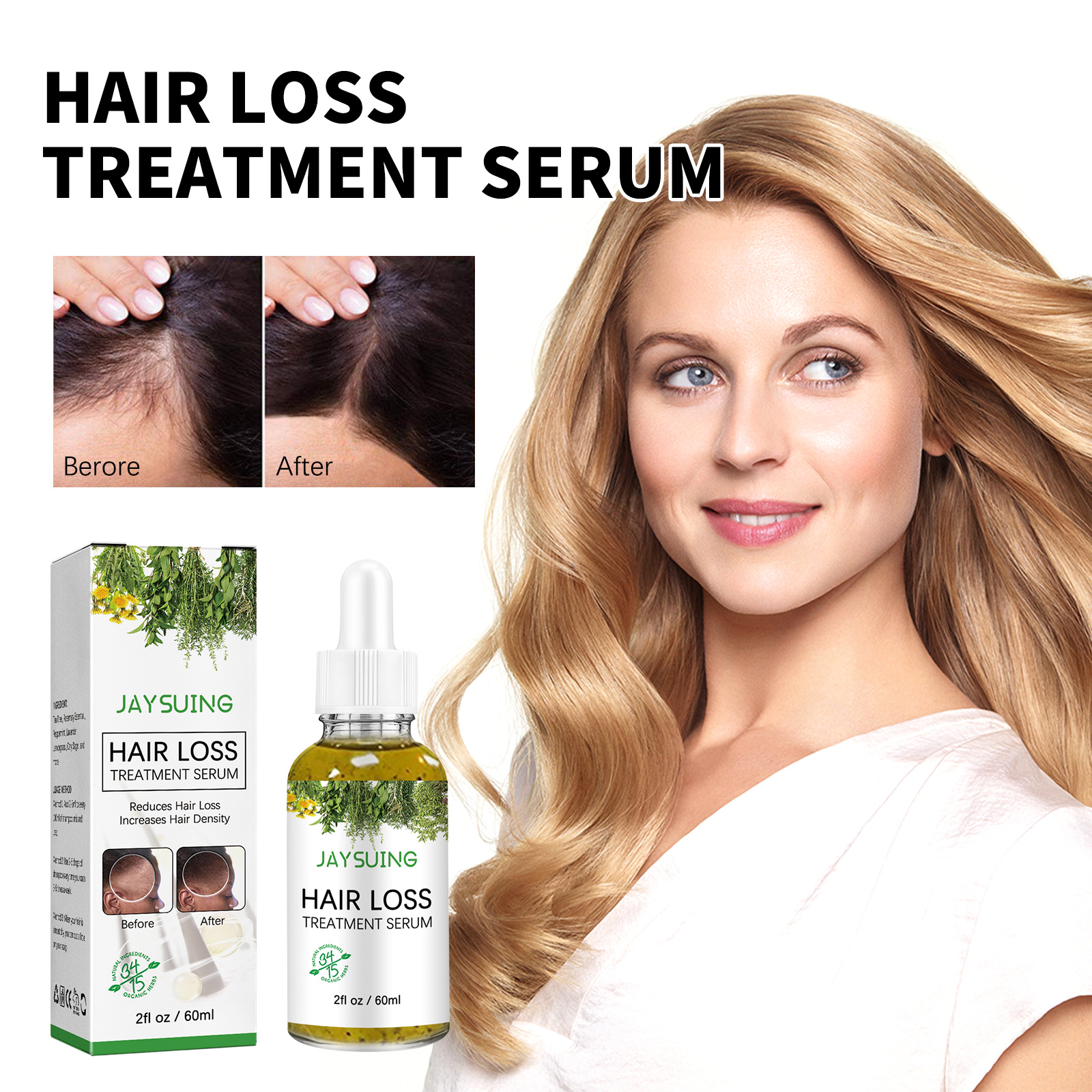 Woman with fuller-looking styled hair beside serum