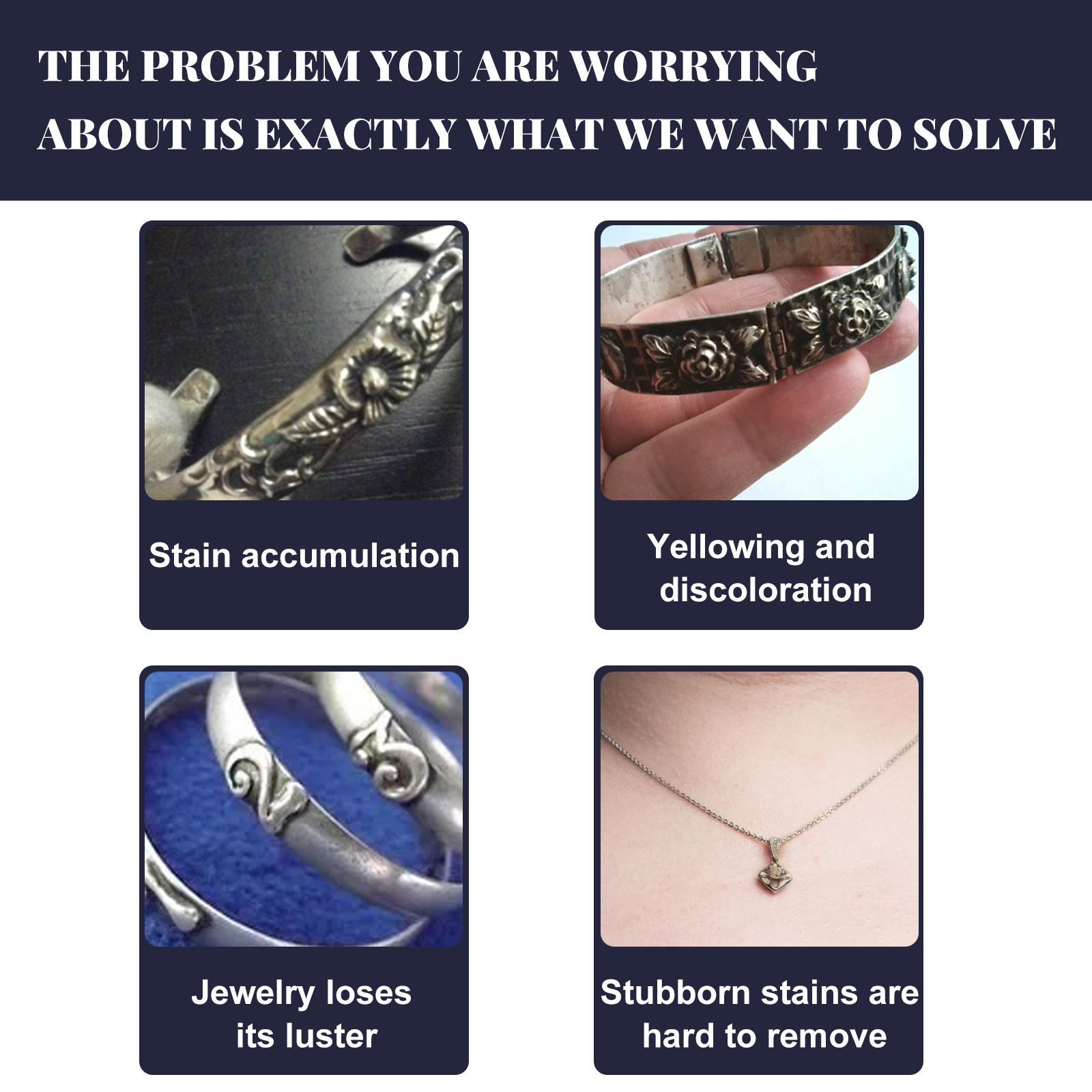 Jewelry cleaning problems shown in four panels