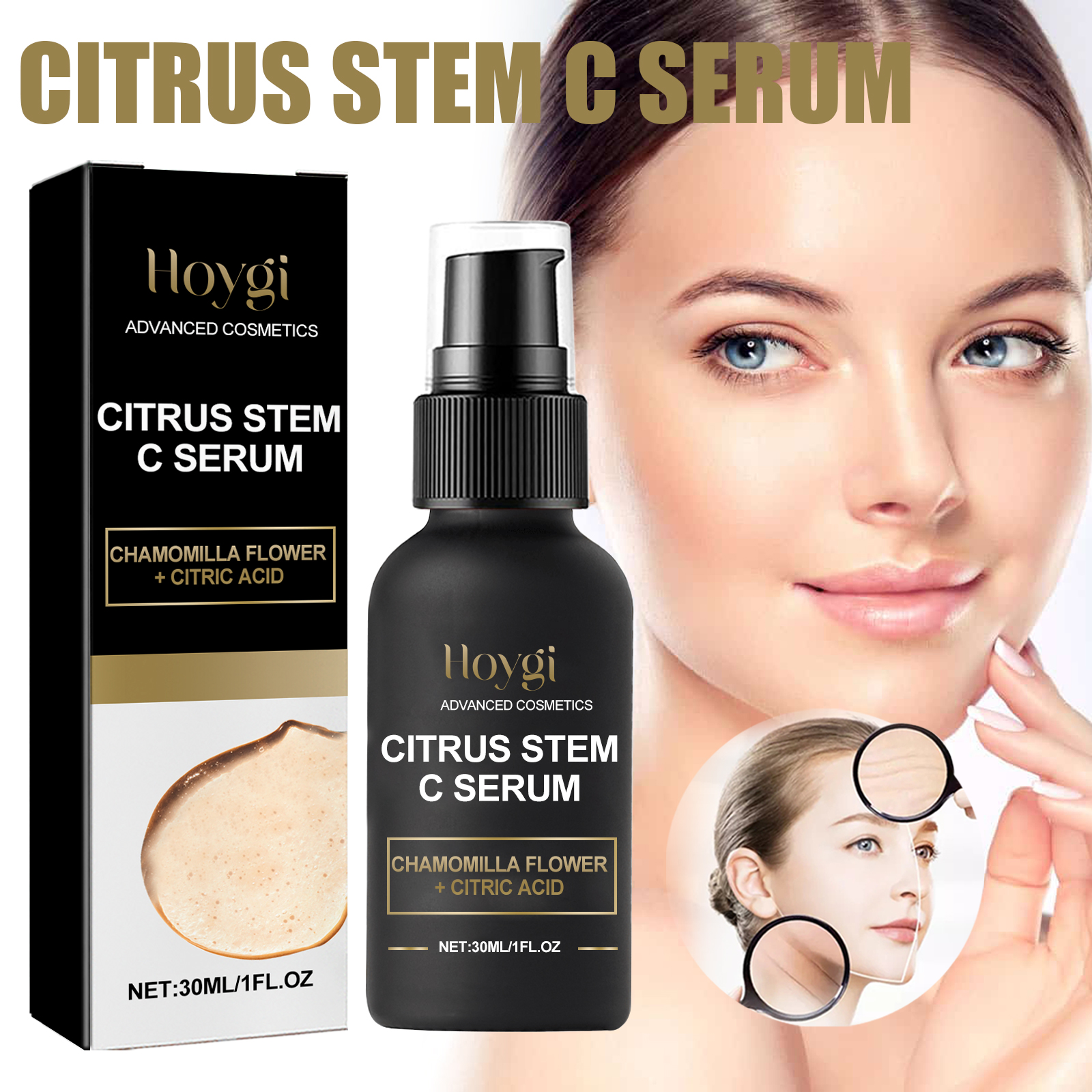 Woman viewing facial skin beside Citrus Stem C Serum