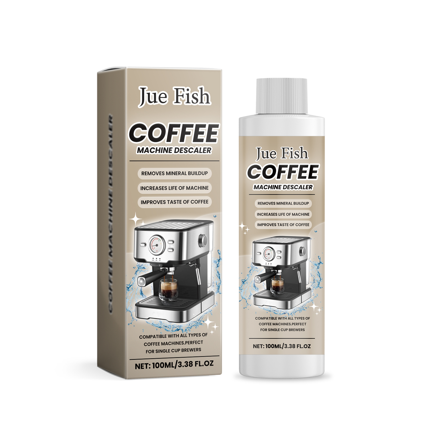 Coffee machine descaler packaging with compatibility claim
