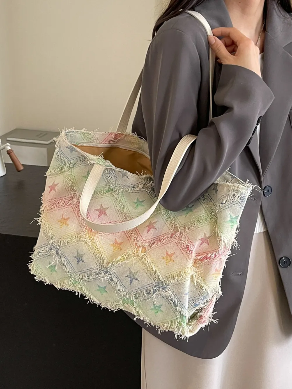 Raw Hem Rainbow Color Tote Bag