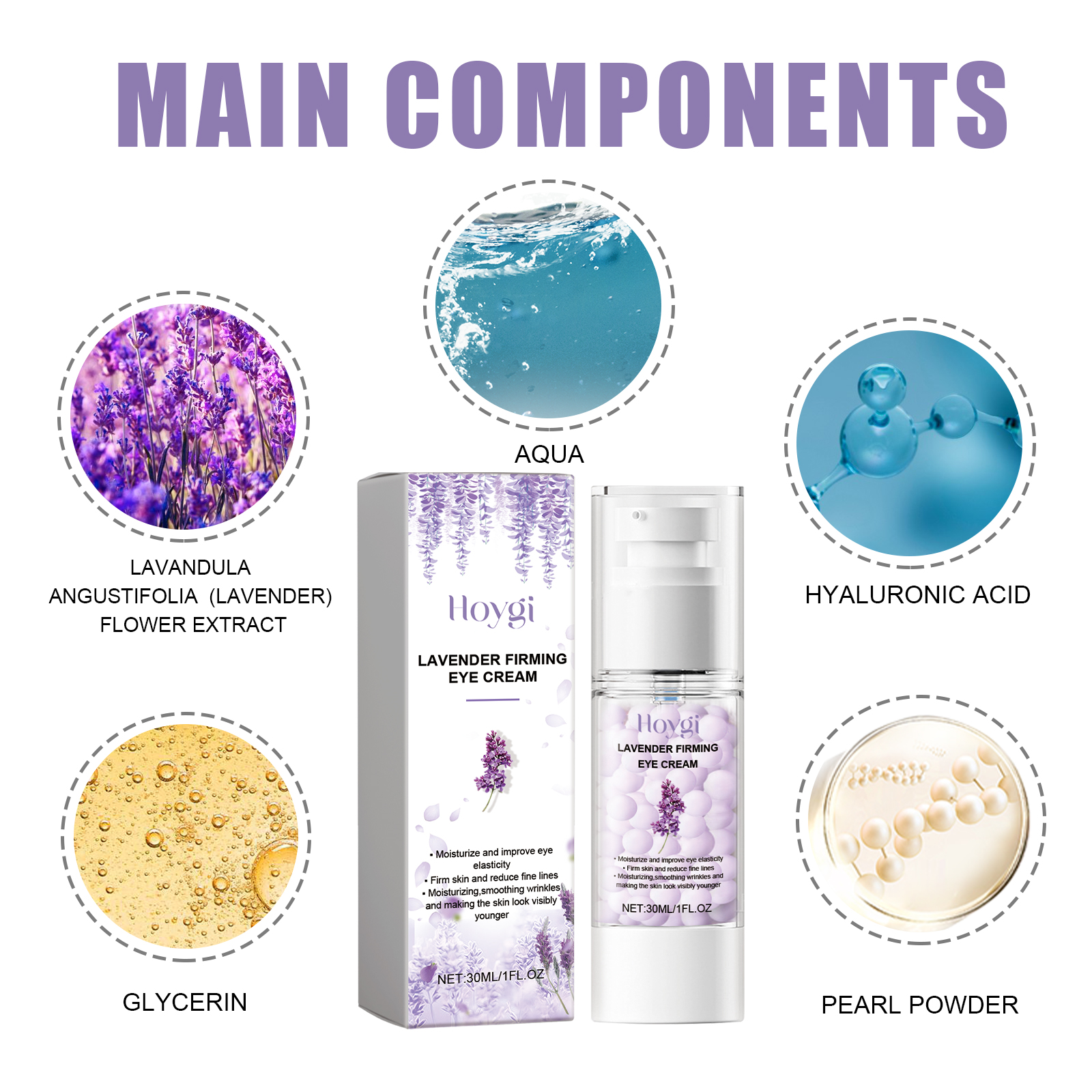 Close product detail with pump and lavender packaging