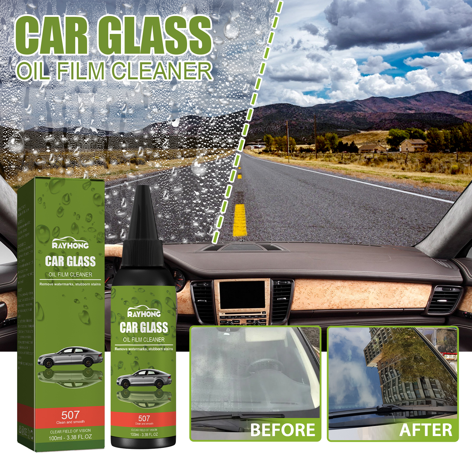 Before and after windshield glass with water marks