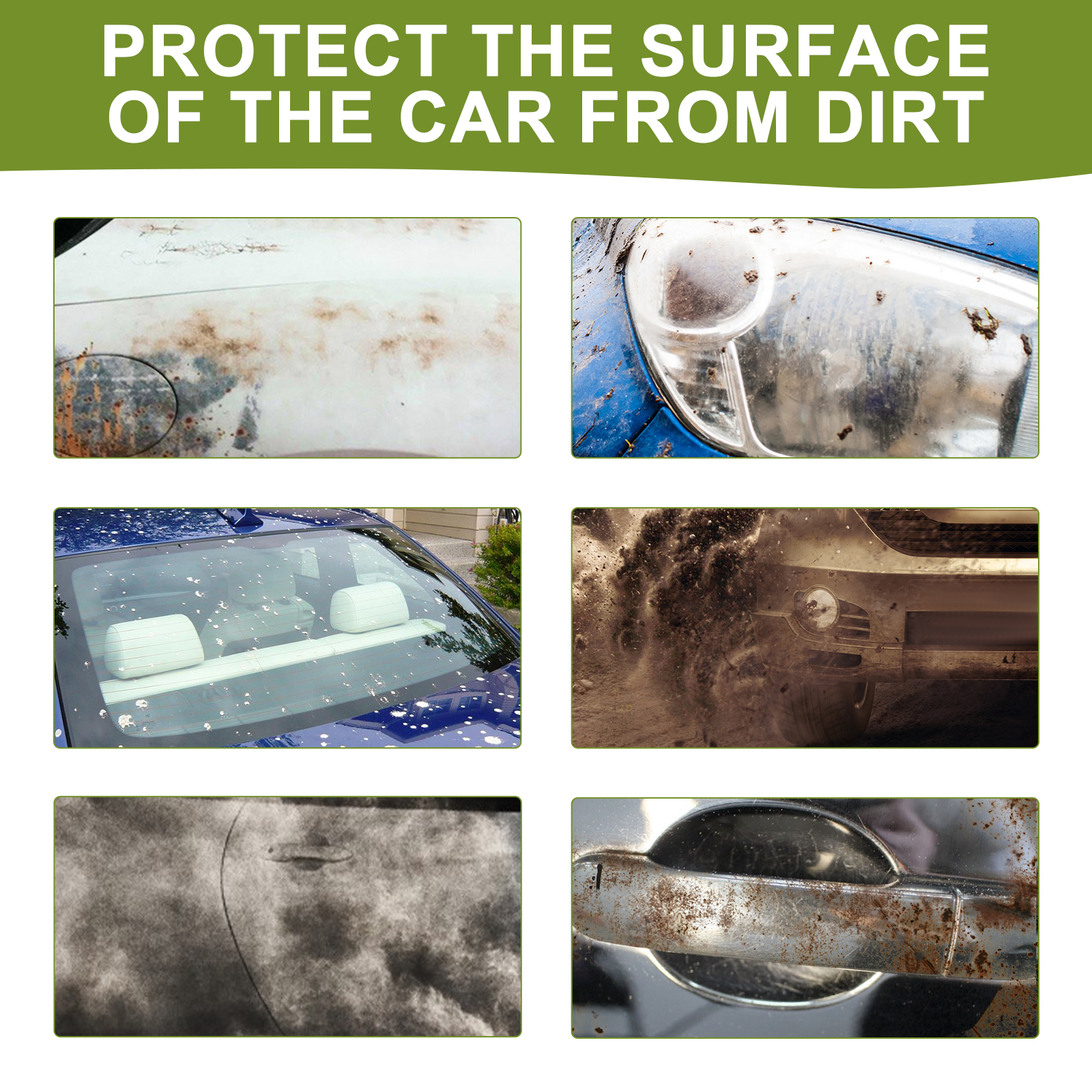 Car paint surfaces shown with dirt and grime protection