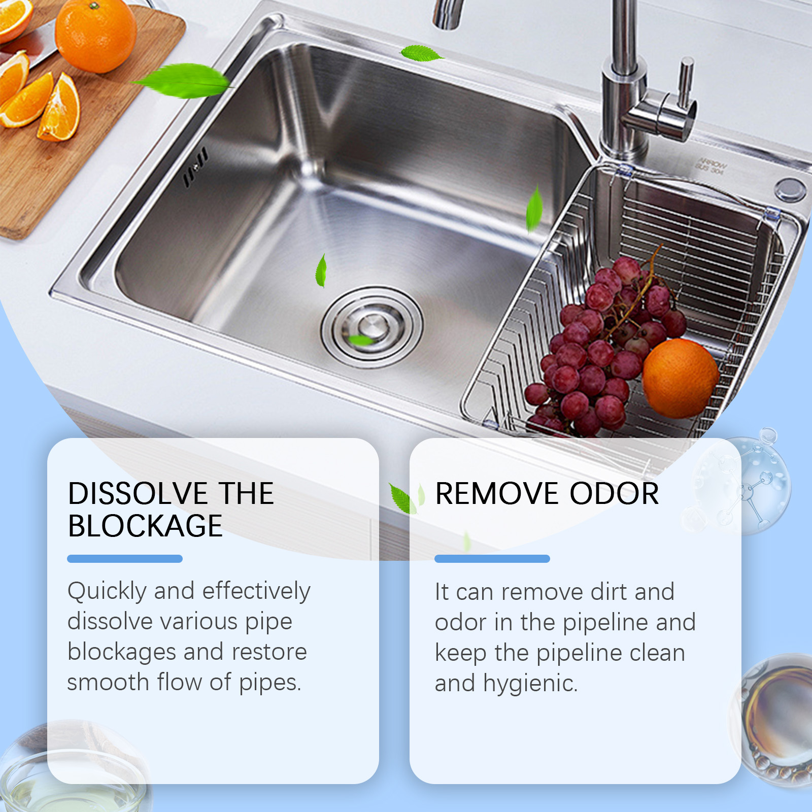 Kitchen sink scene showing drain odor care