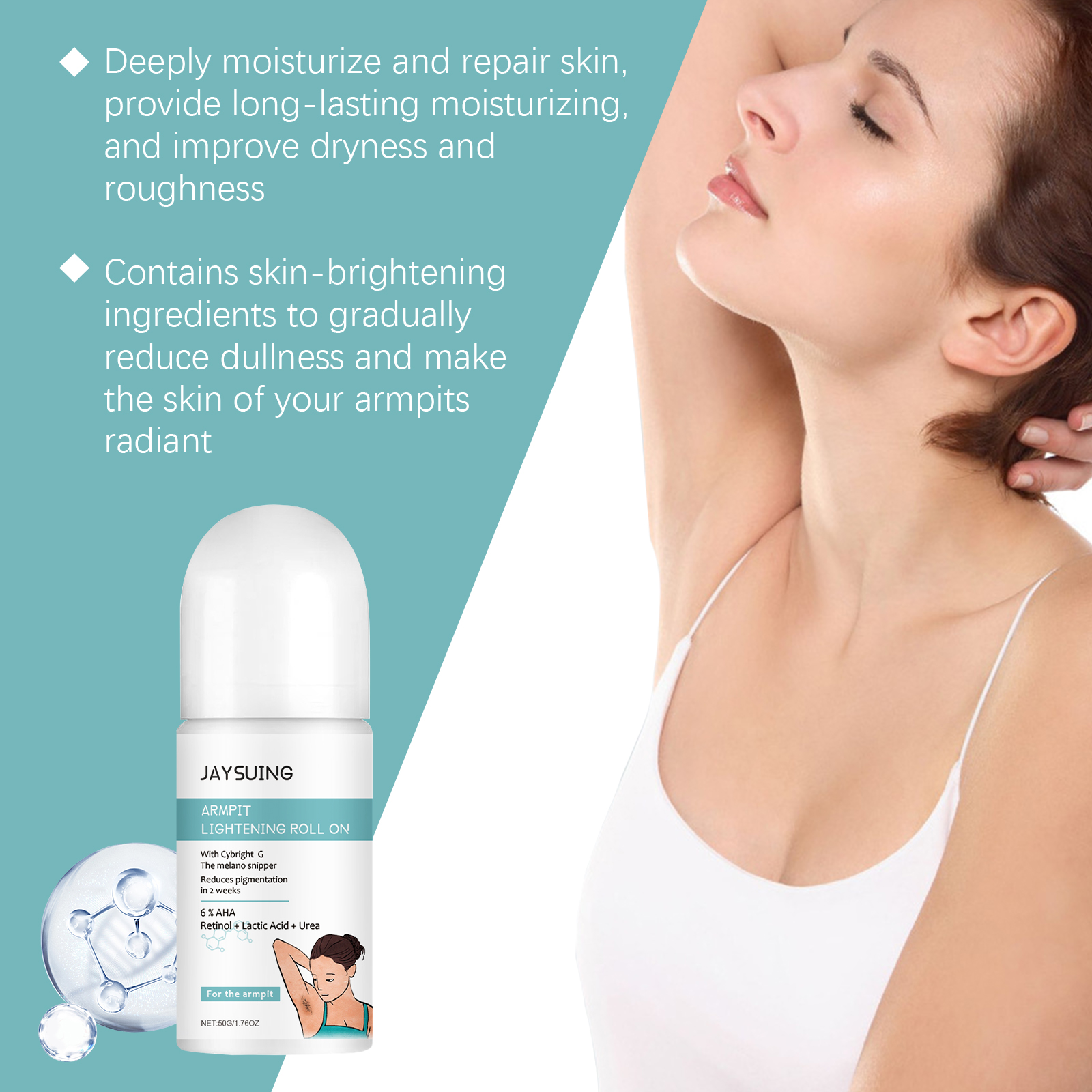 Underarm roll-on beside moisture and repair benefit panel