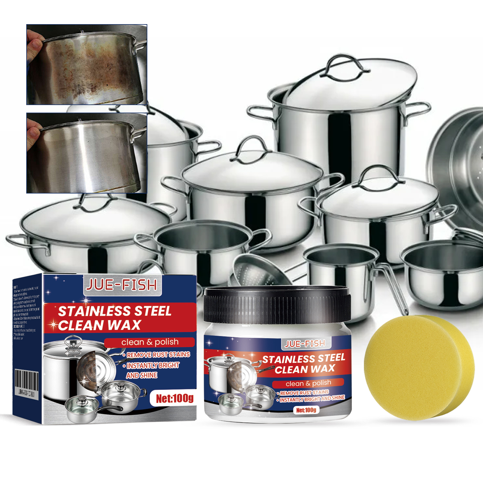 Cleaning wax beside stainless pots with visible results