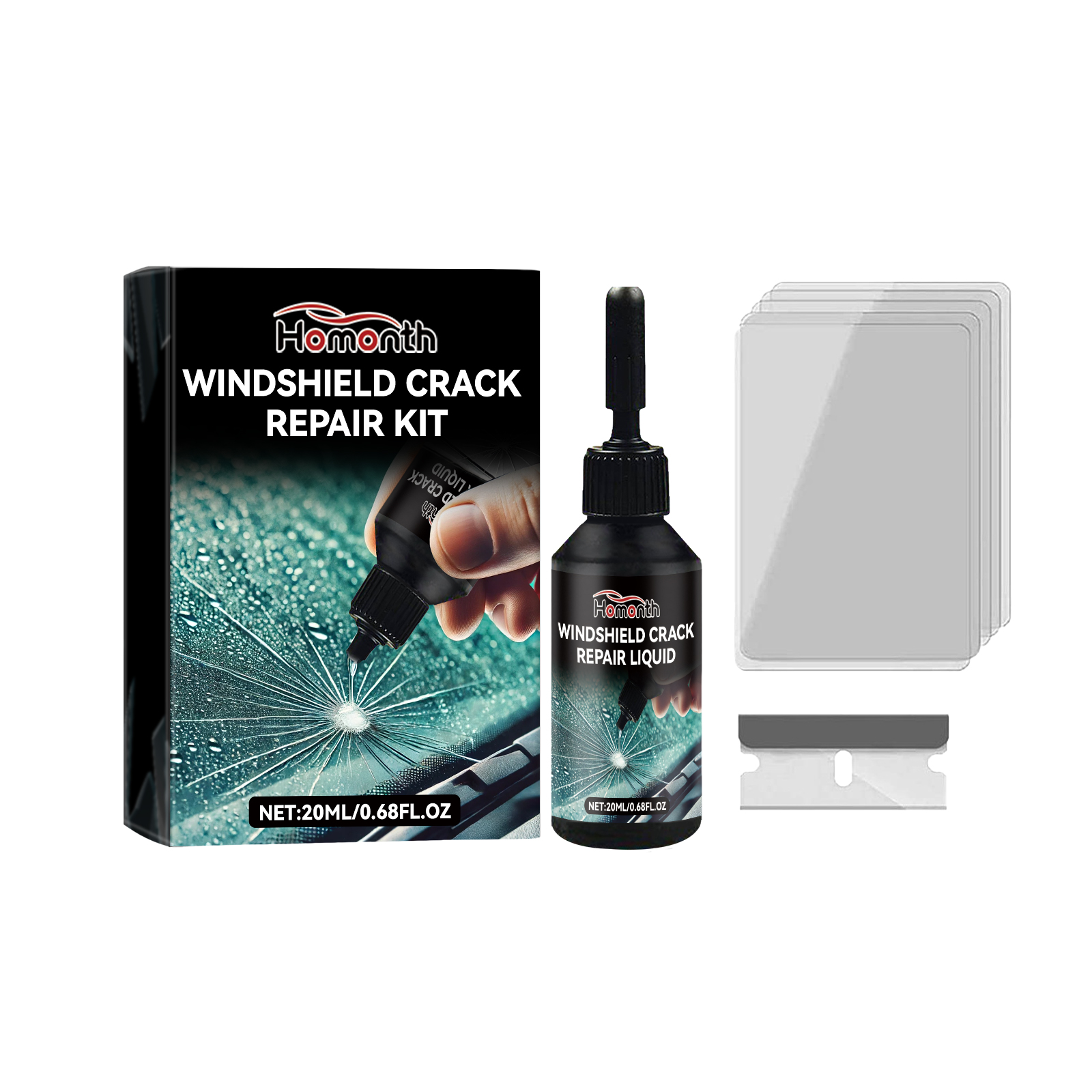 Transparent curing tabs beside windshield repair bottle