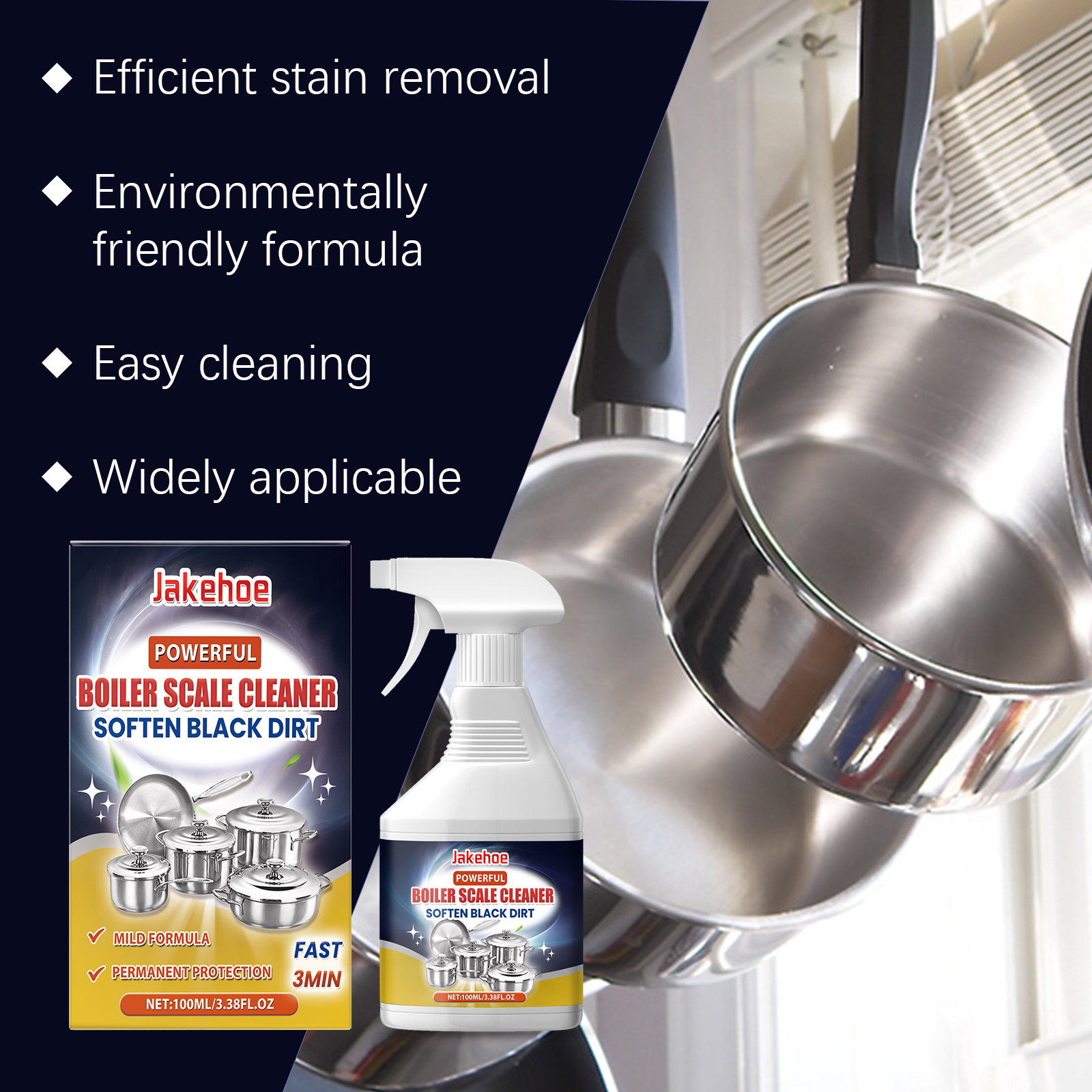 Compact cookware cleaner bottle and packaging detail