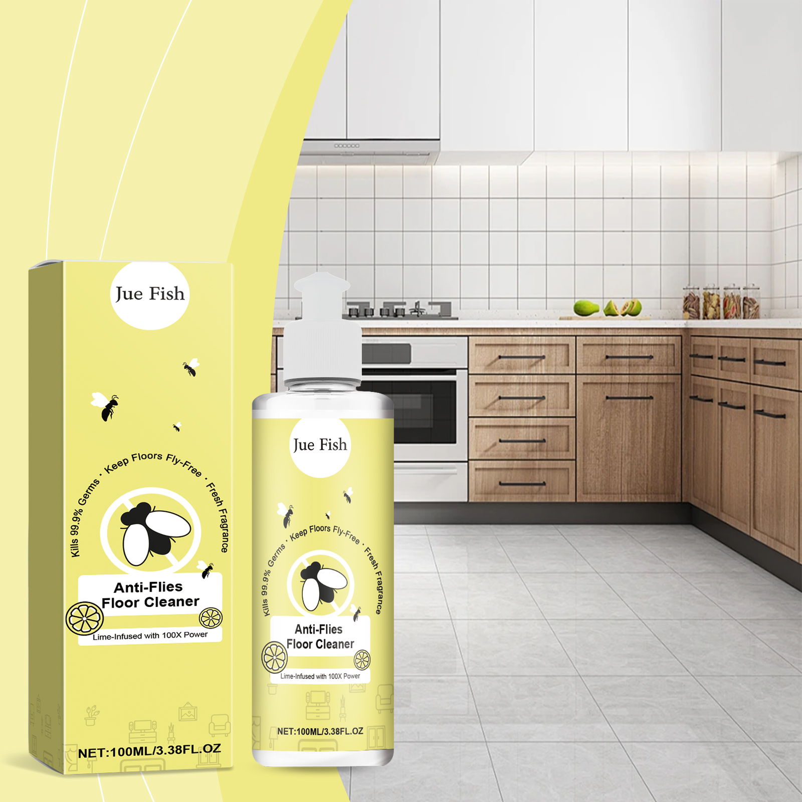 Floor cleaner shown in a bright household kitchen