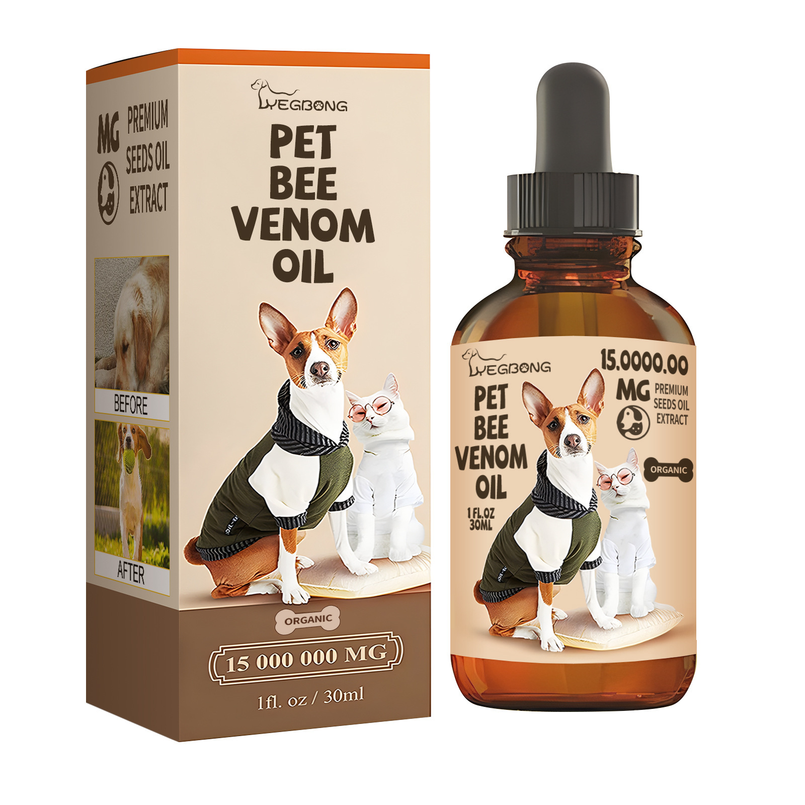 Pet oil dropper bottle and carton with bee venom label