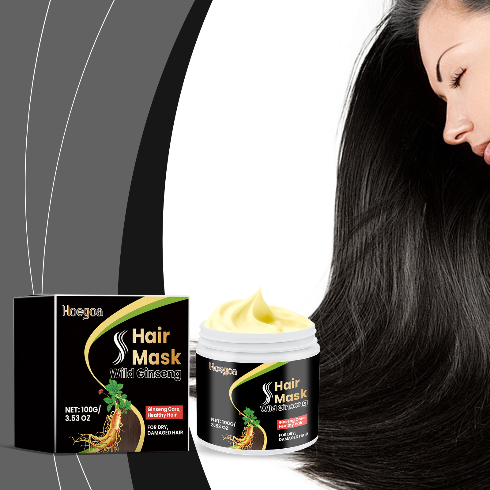 Woman with long smooth hair beside hair mask packaging