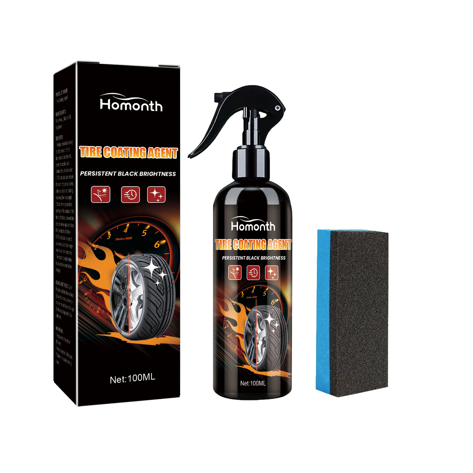 Rectangular applicator sponge beside tire coating bottle