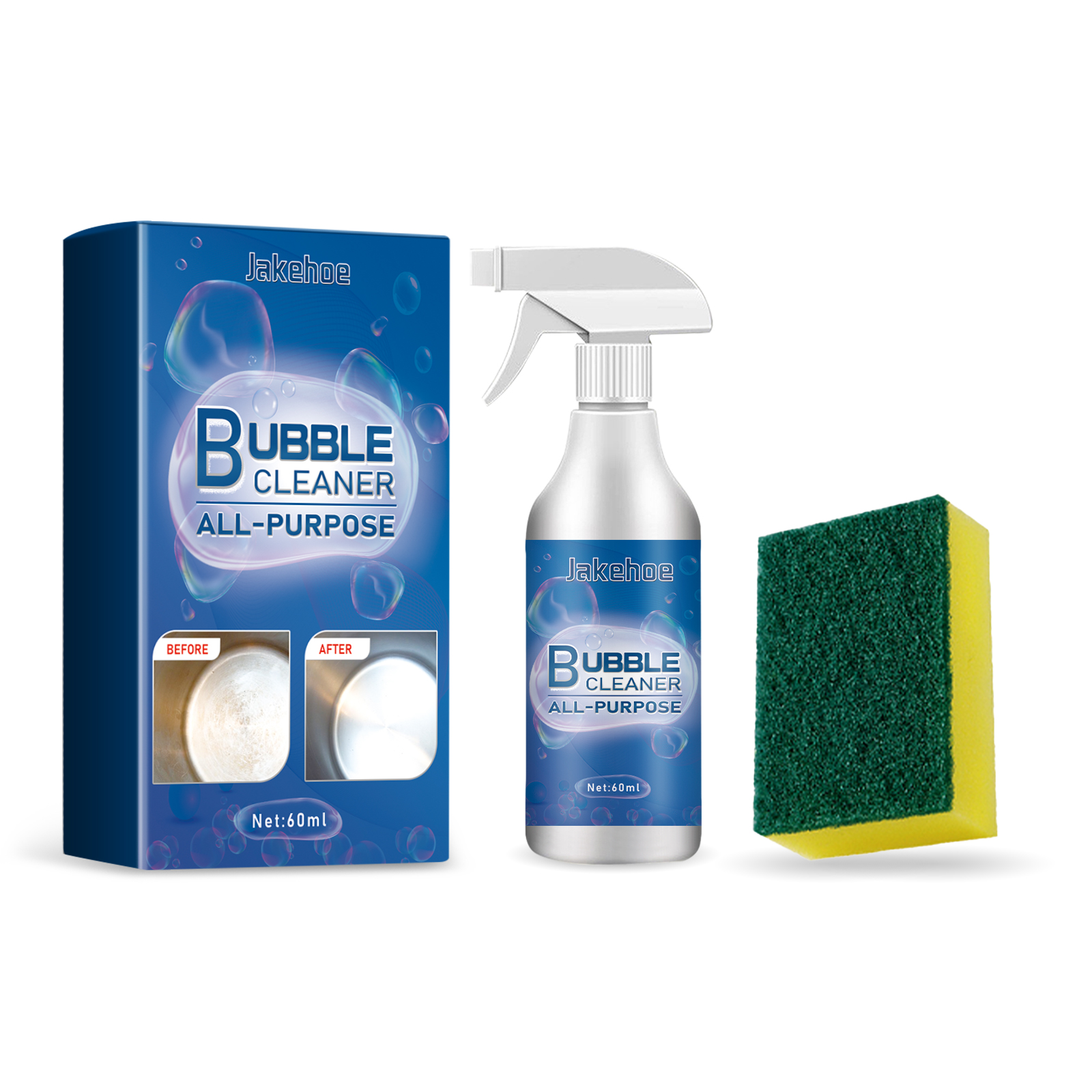 Compact cleaner bottle beside included scrub sponge