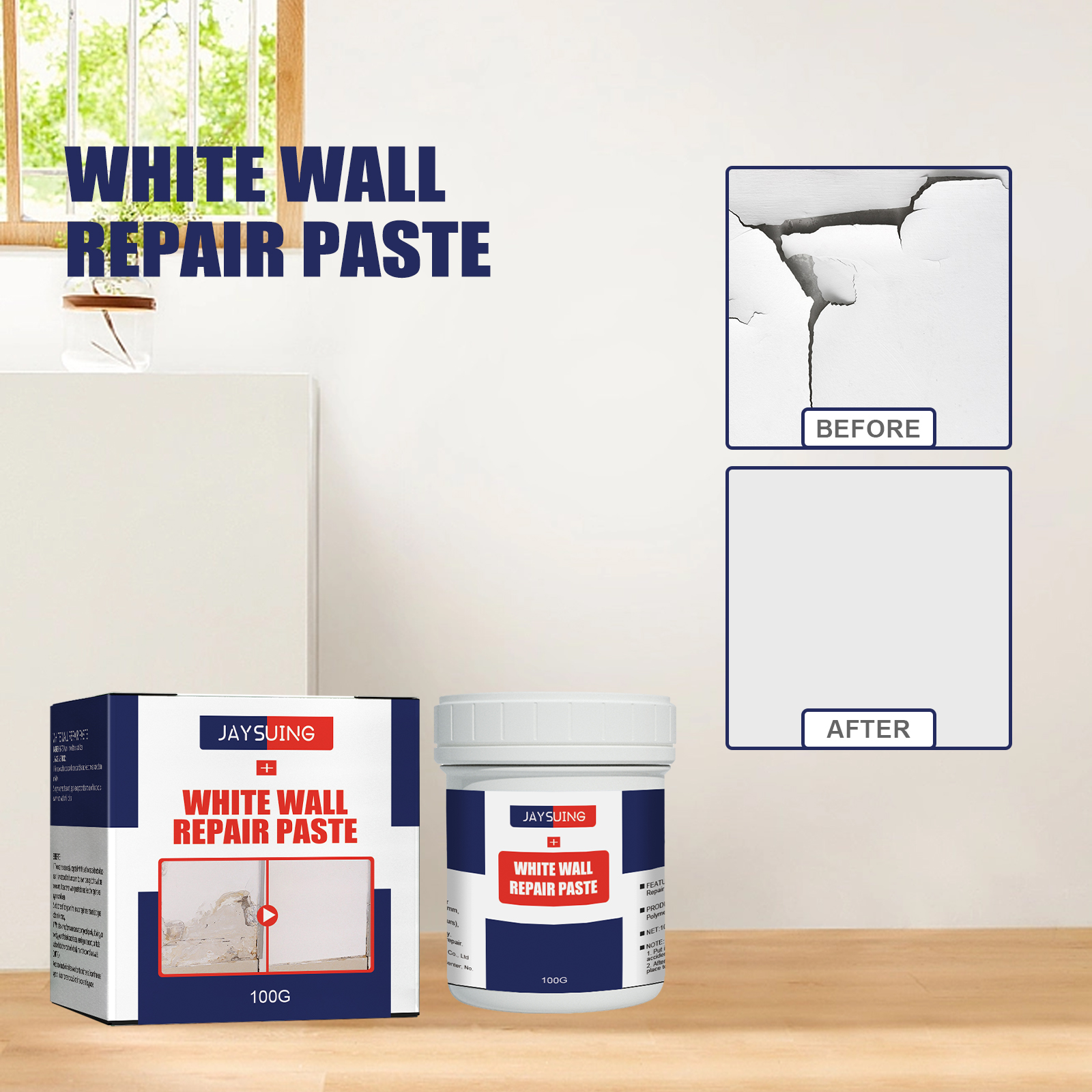 Compact wall repair paste kit staged in bright home interior
