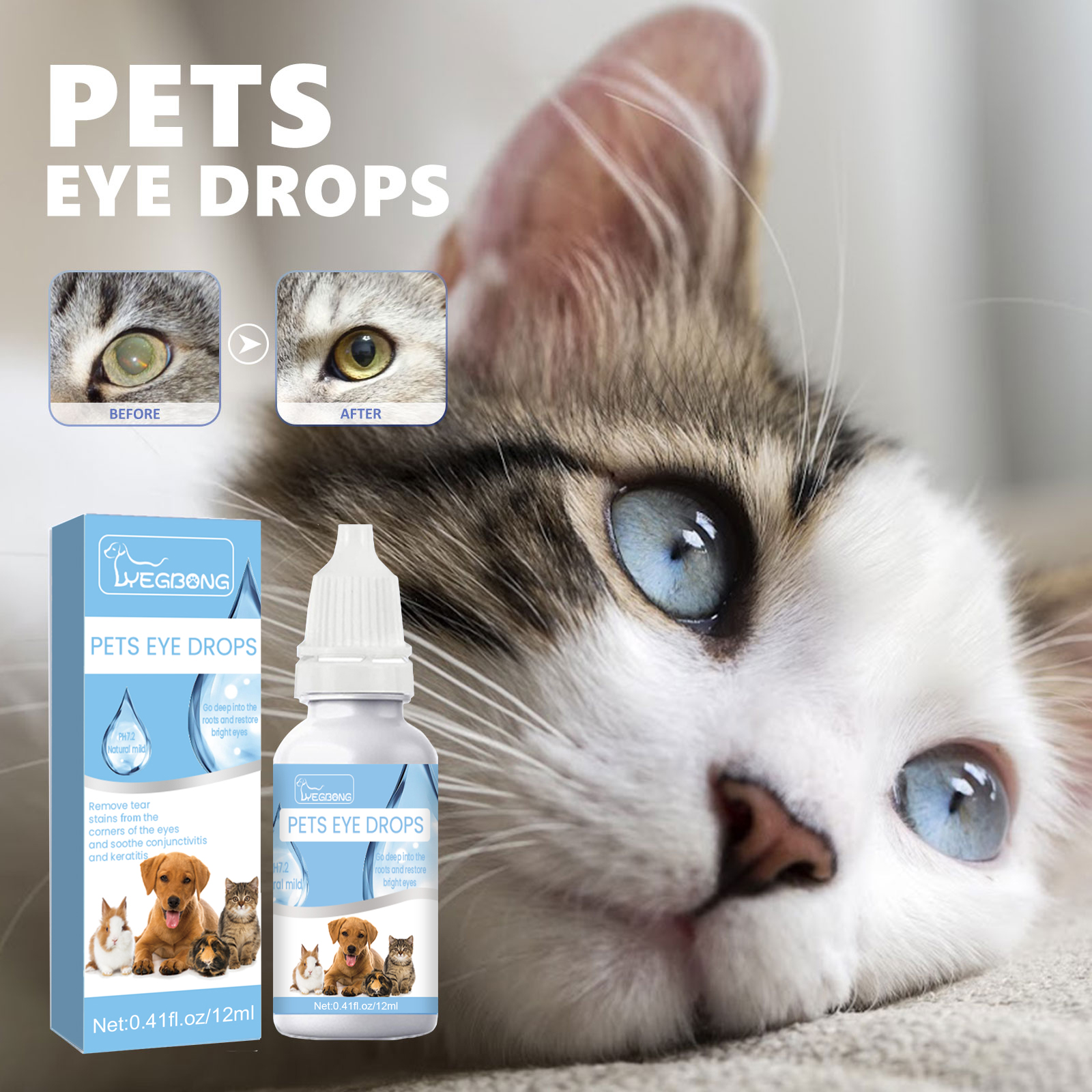Pet eye wash beside cat during gentle grooming routine