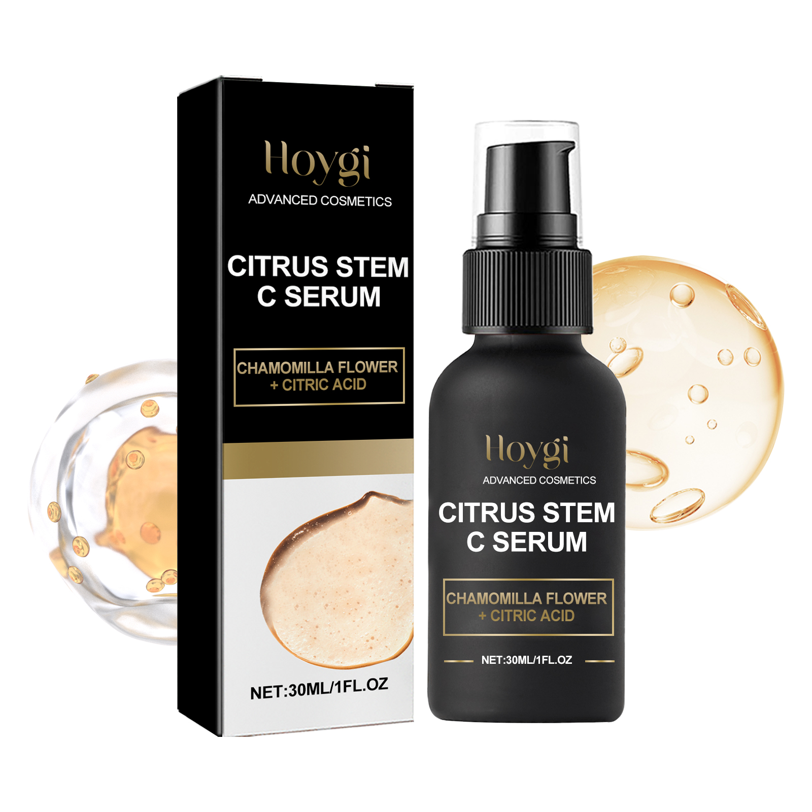 Black serum bottle and matching gold presentation box