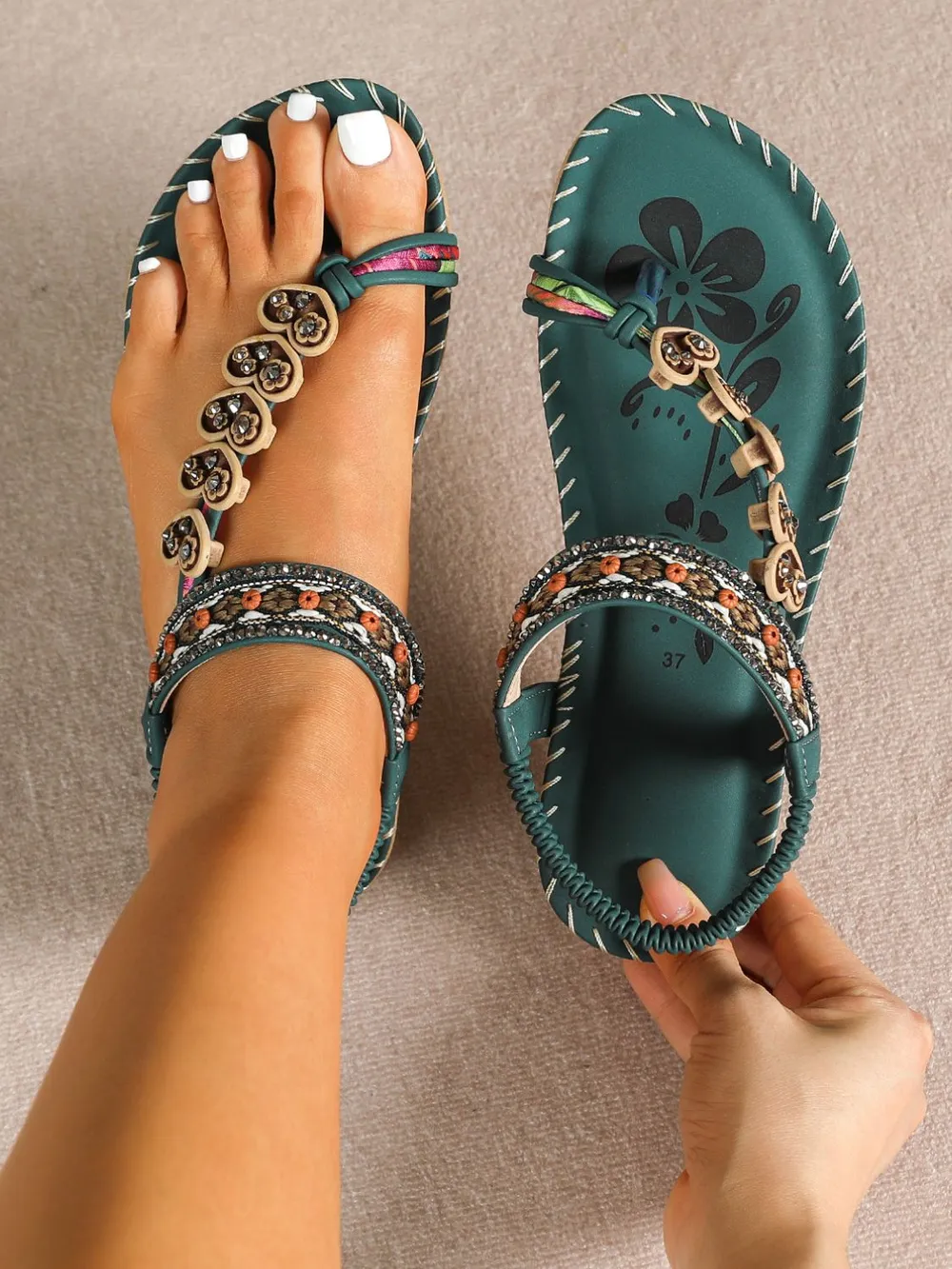 Western Asian ethnic style women's shoes summer beach flat sandals beaded diamond clip on shoes image 4