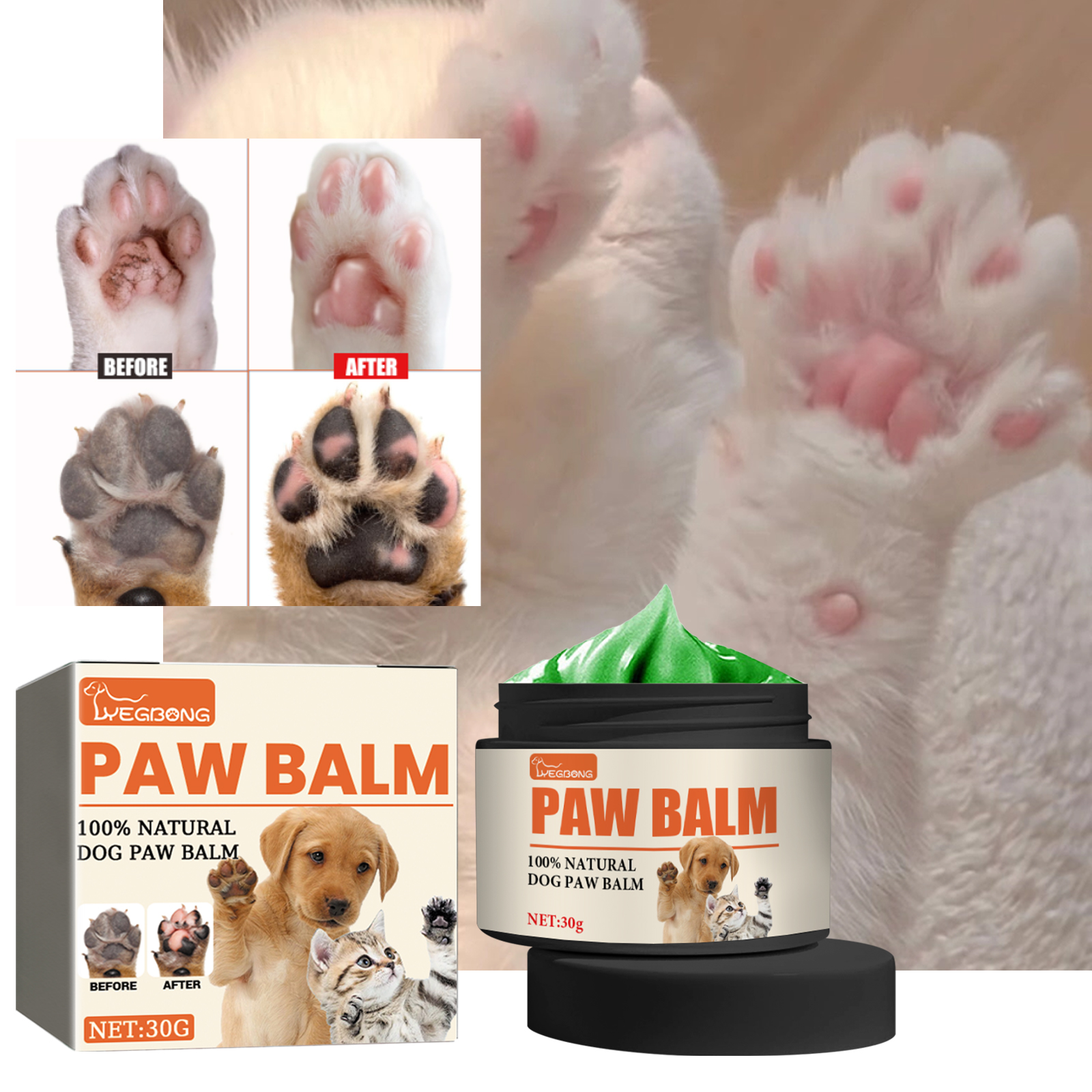 Paw balm beside smoother-looking paw pad comparison