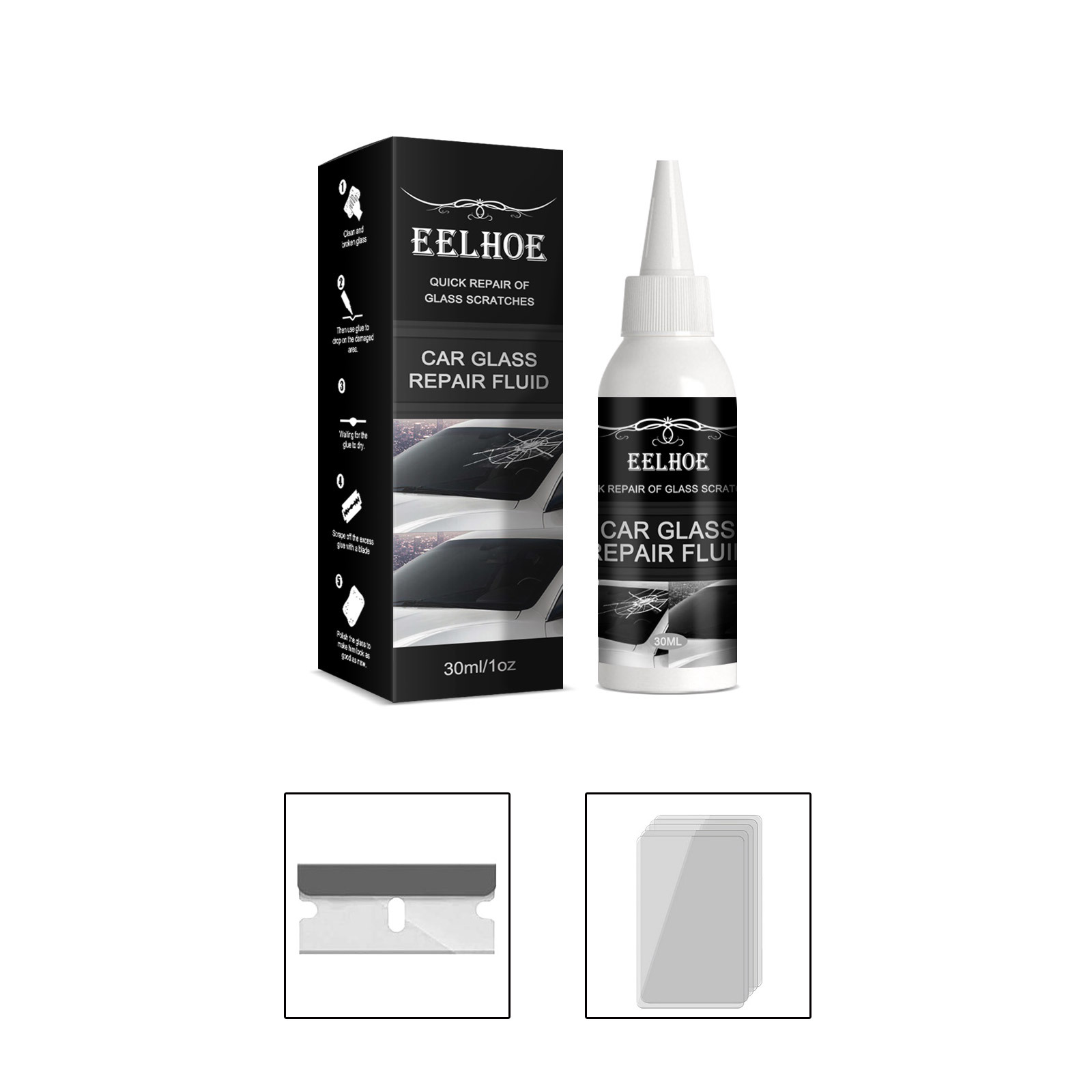 Windshield repair bottle scraper and transparent patch together