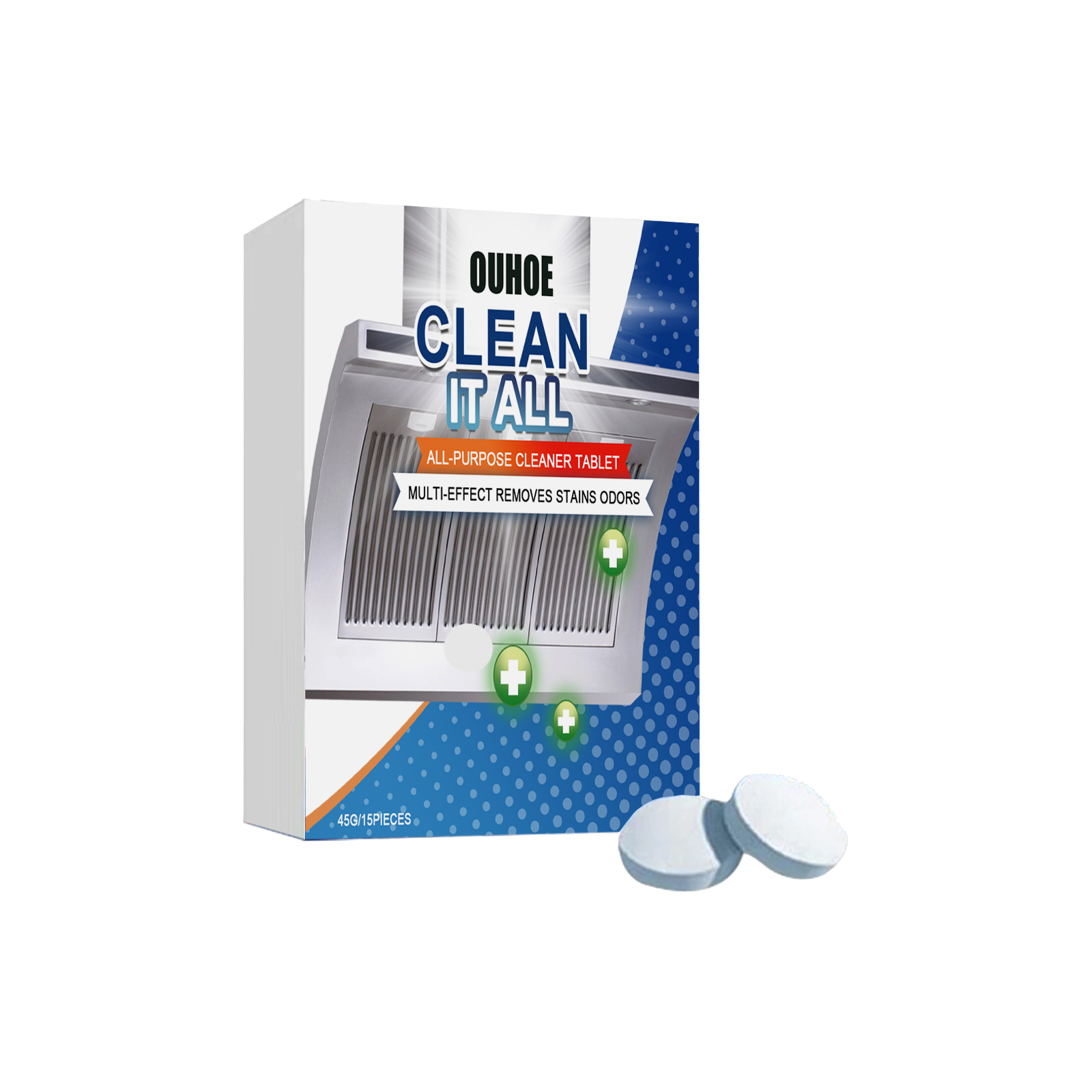 Compact cleaning box with loose pale-blue tablets