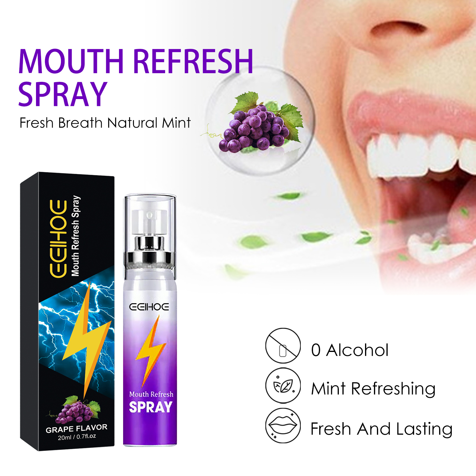 Mouth spray packaging with mint and alcohol-free claims