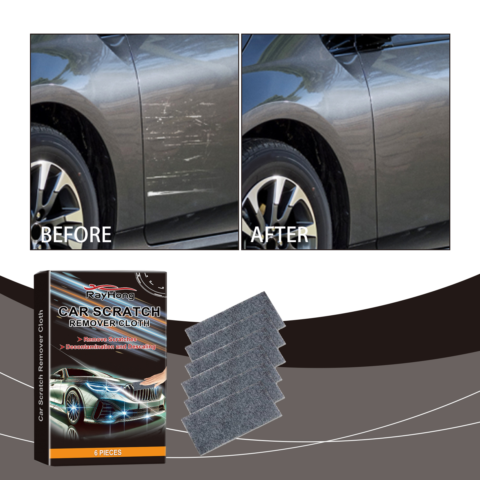 Gray car door before and after minor scratch treatment