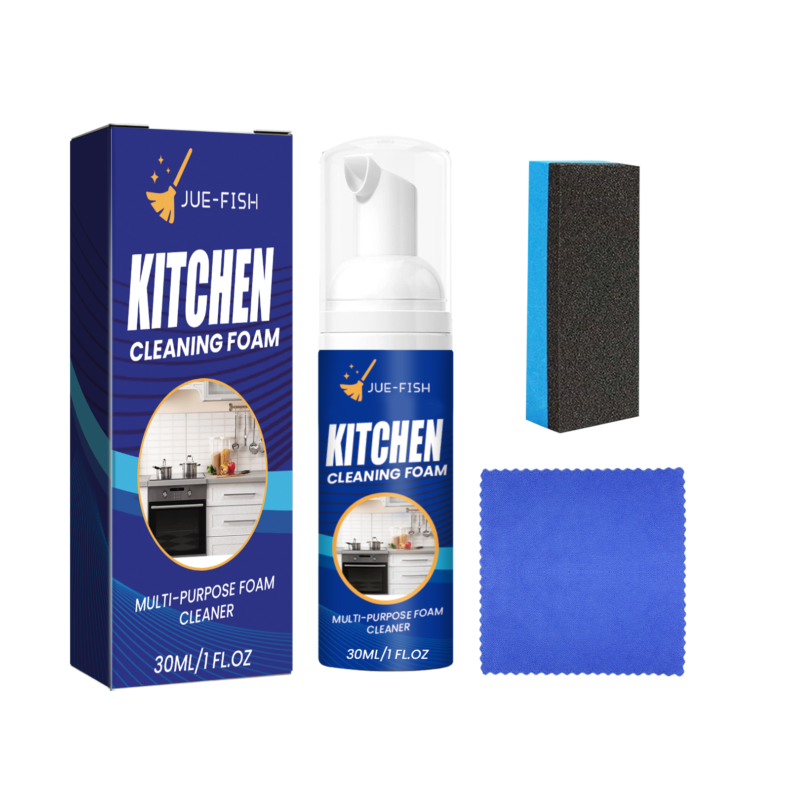 Product on kitchen counter with icons highlighting degreasing and easy operation