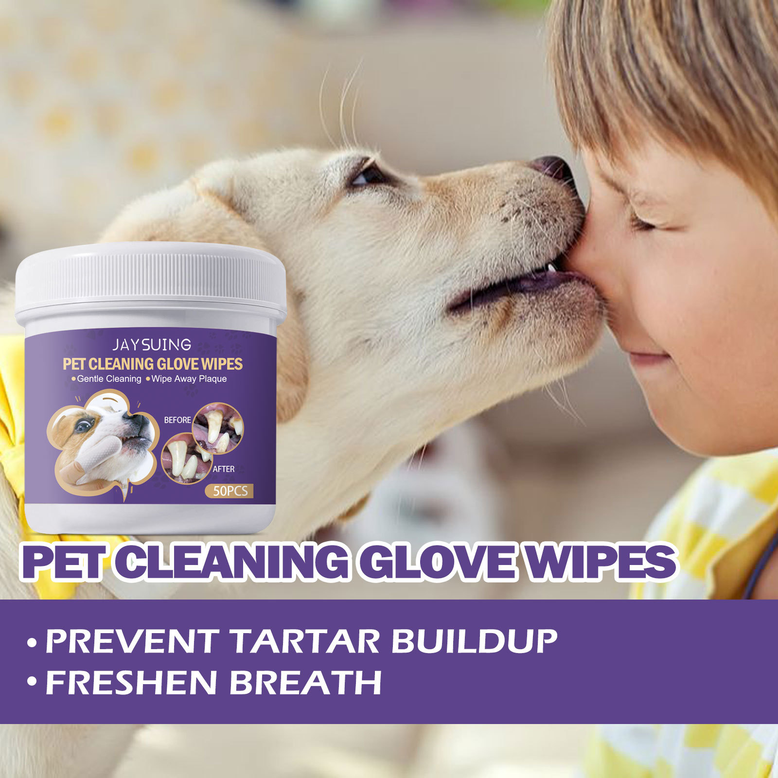 Dog owner using dental care wipes during grooming