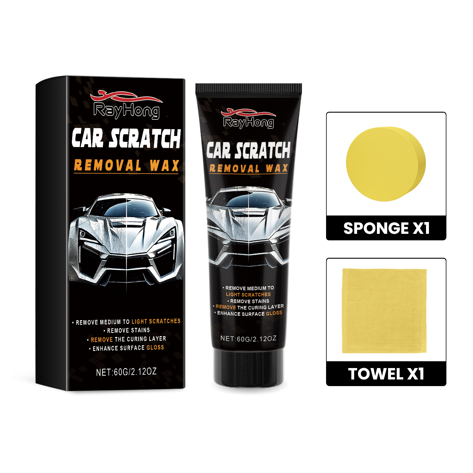 Sponge and towel beside automotive polish tube