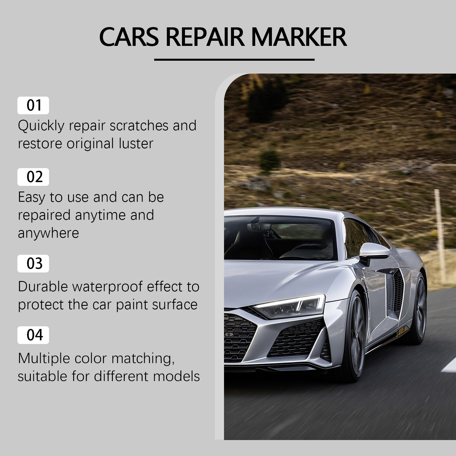 Car repair marker benefits shown beside silver vehicle