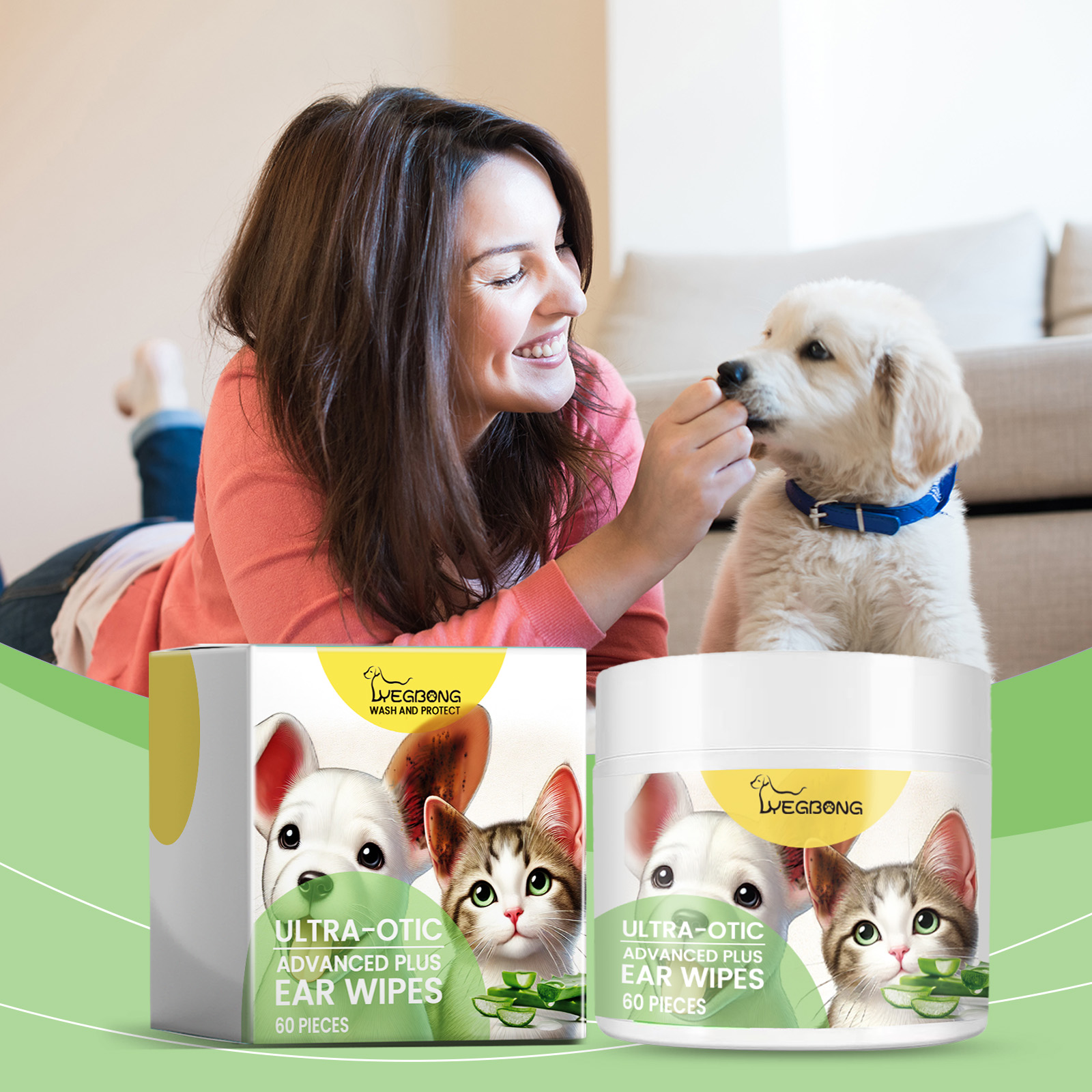 Pet owner preparing ear cleaning pad for dog