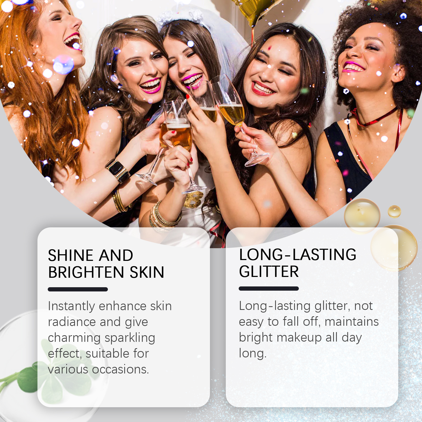 Friends celebrating with glittering body highlights