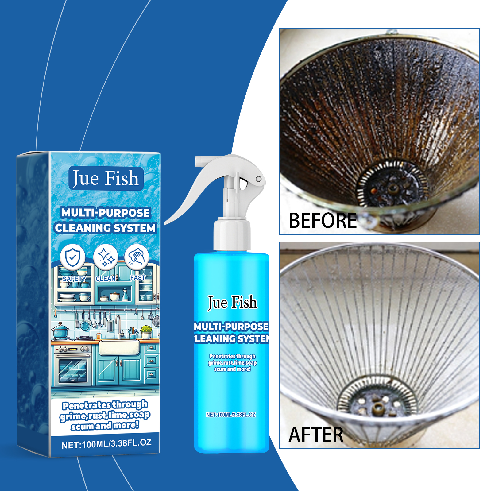 Cleaner packaging beside visible sink cleaning result