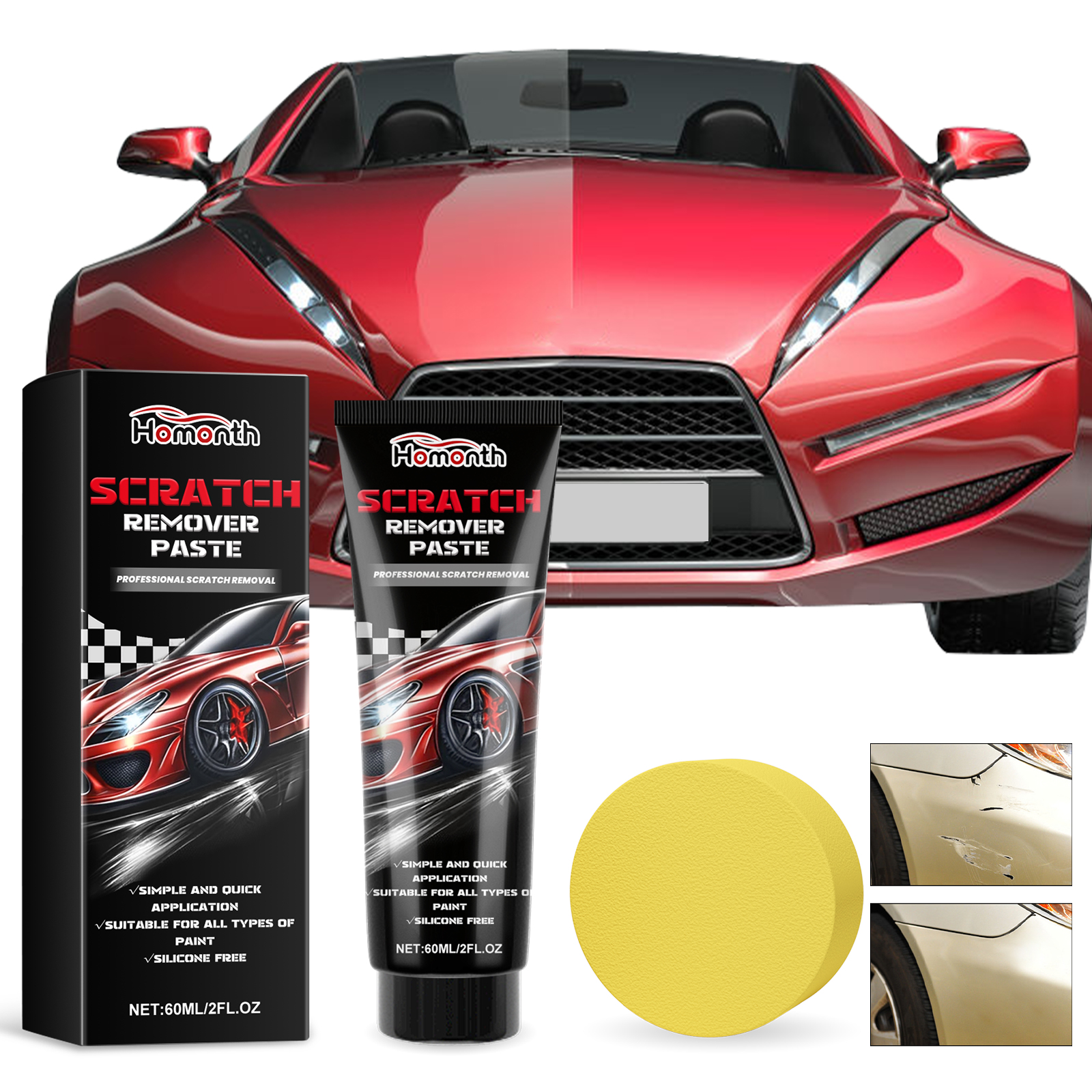Scratch remover paste beside improved red car panel