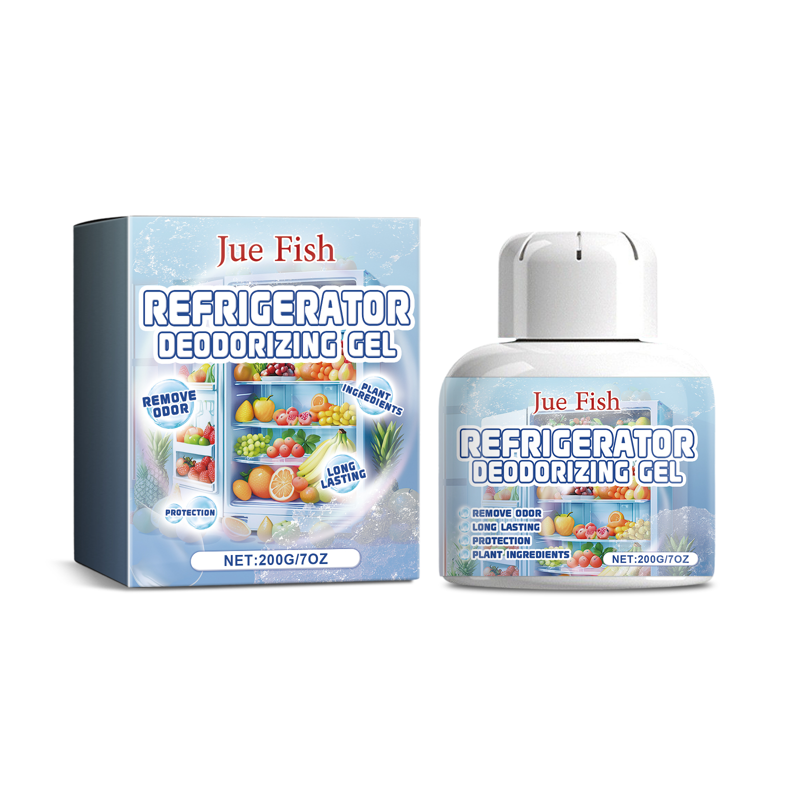 Blue gel label and white container with plant ingredient claim